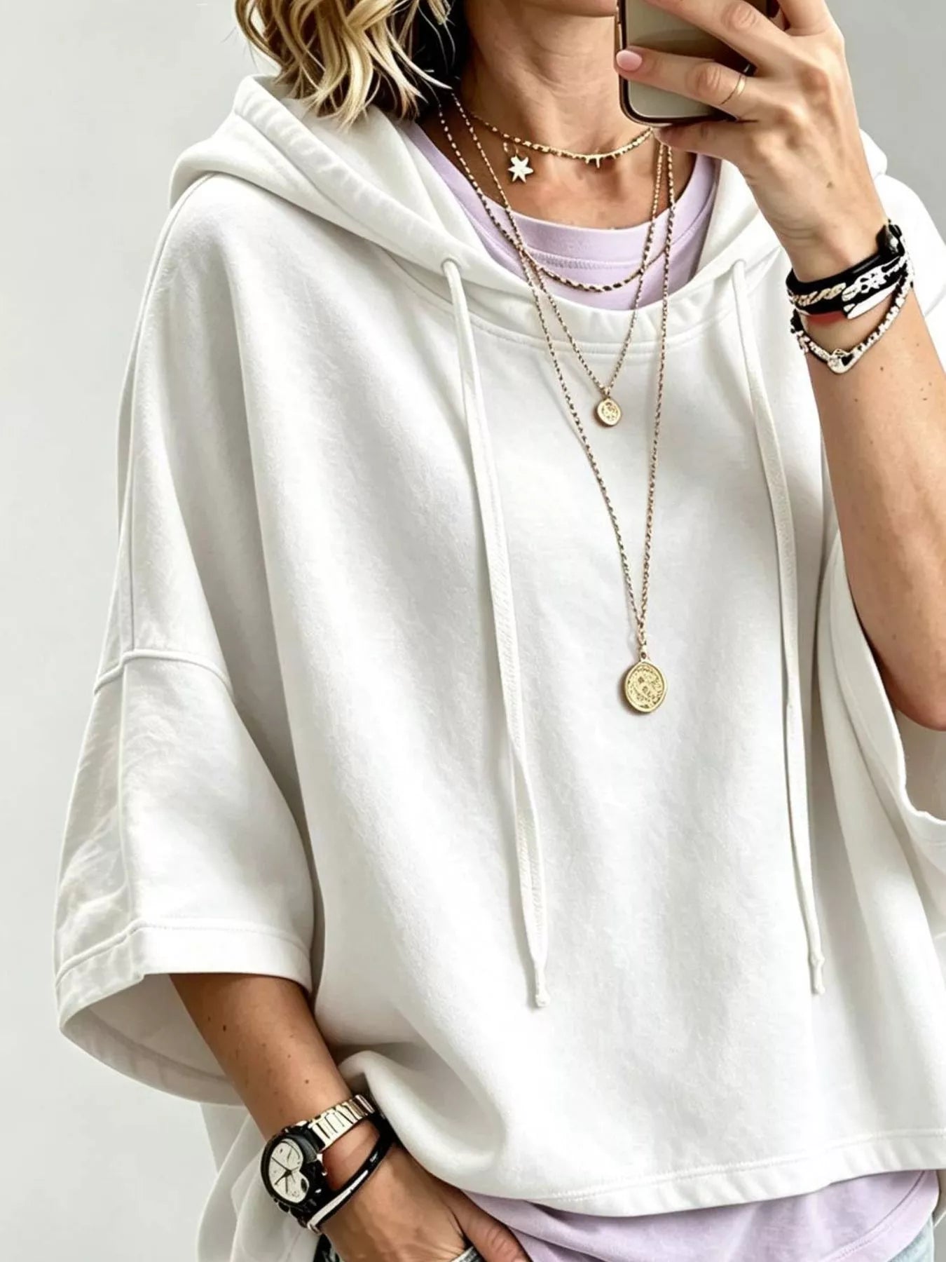 Trendsi Drawstring 3/4 Sleeve Hoodie -