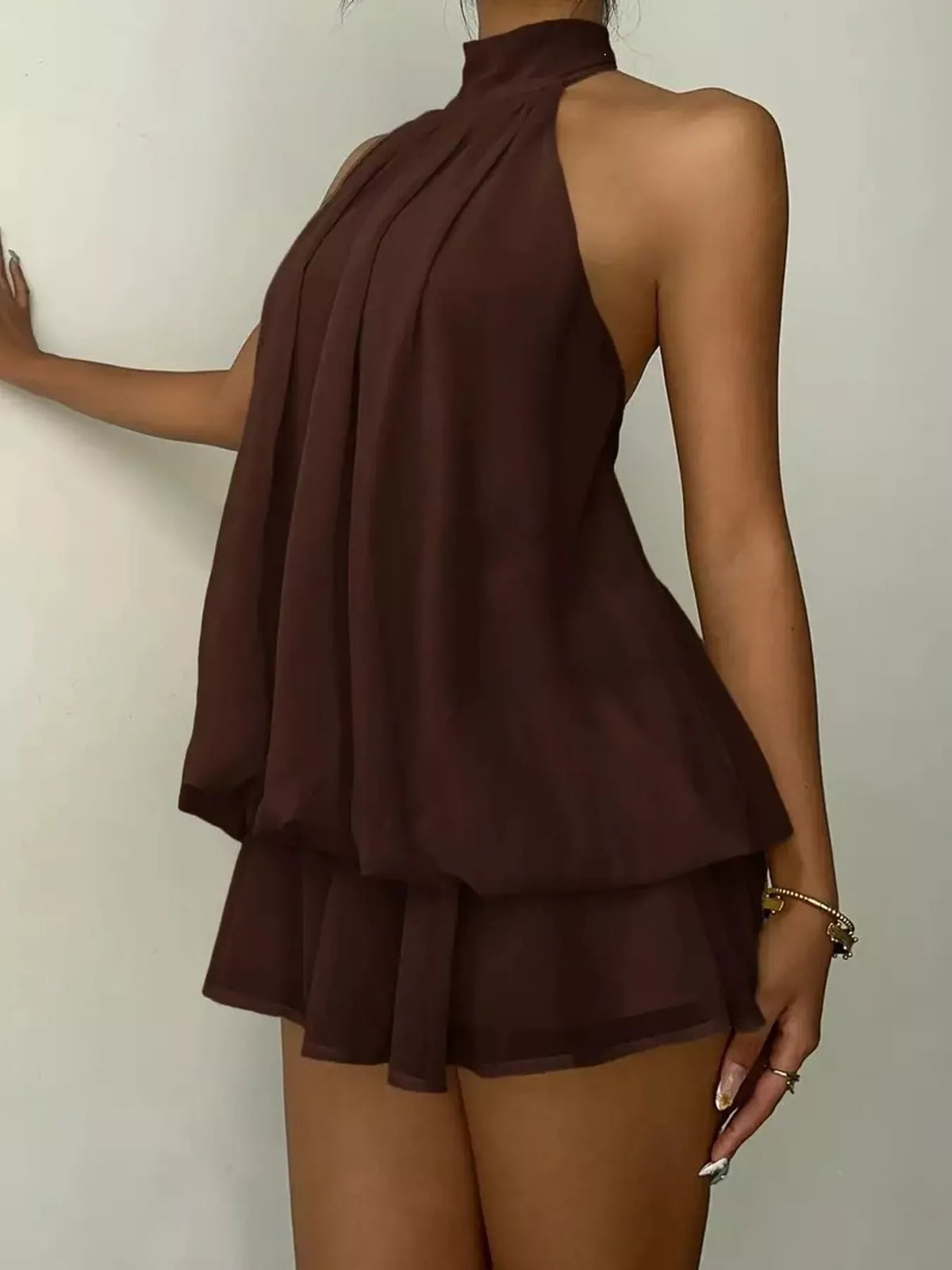 Brown halter neck layered mini dress, front view