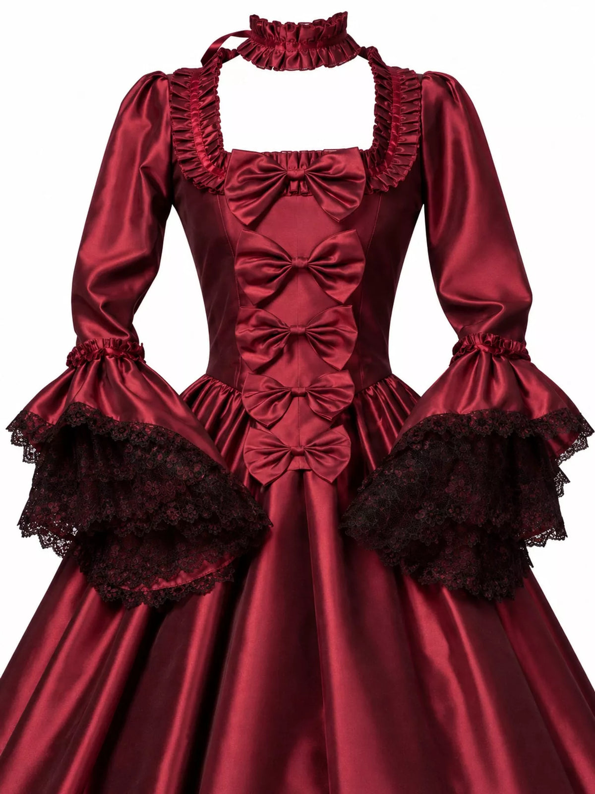 Victorian Gothic Satin Ball Gown Dress with Bow Accents, detail view in burgundy