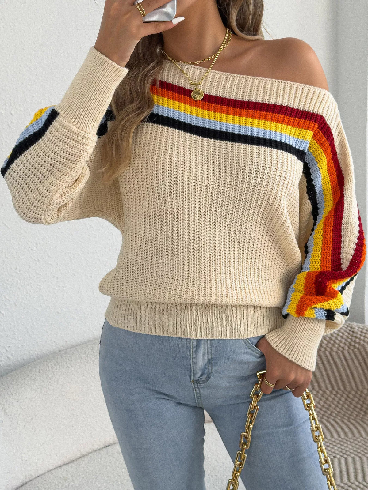 Striped Knit Boat Neck Sweater in beige, front view