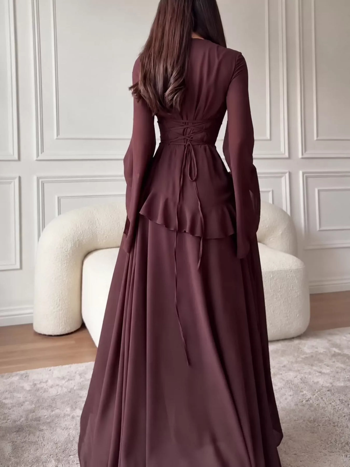 Burgundy ruffled flare sleeve maxi dress, back view