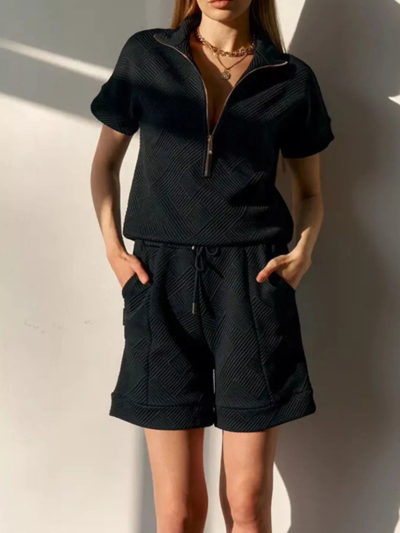 Trendsi Half Zip Short Sleeve Top and Shorts Set -