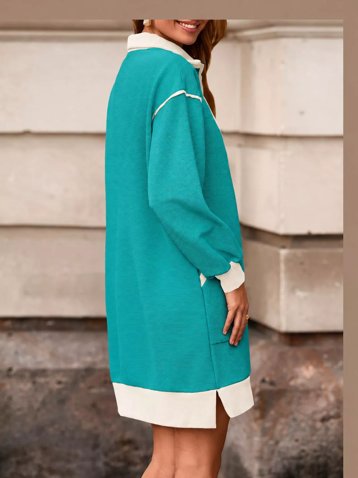 Teal color block quarter-zip sweatshirt dress — back view