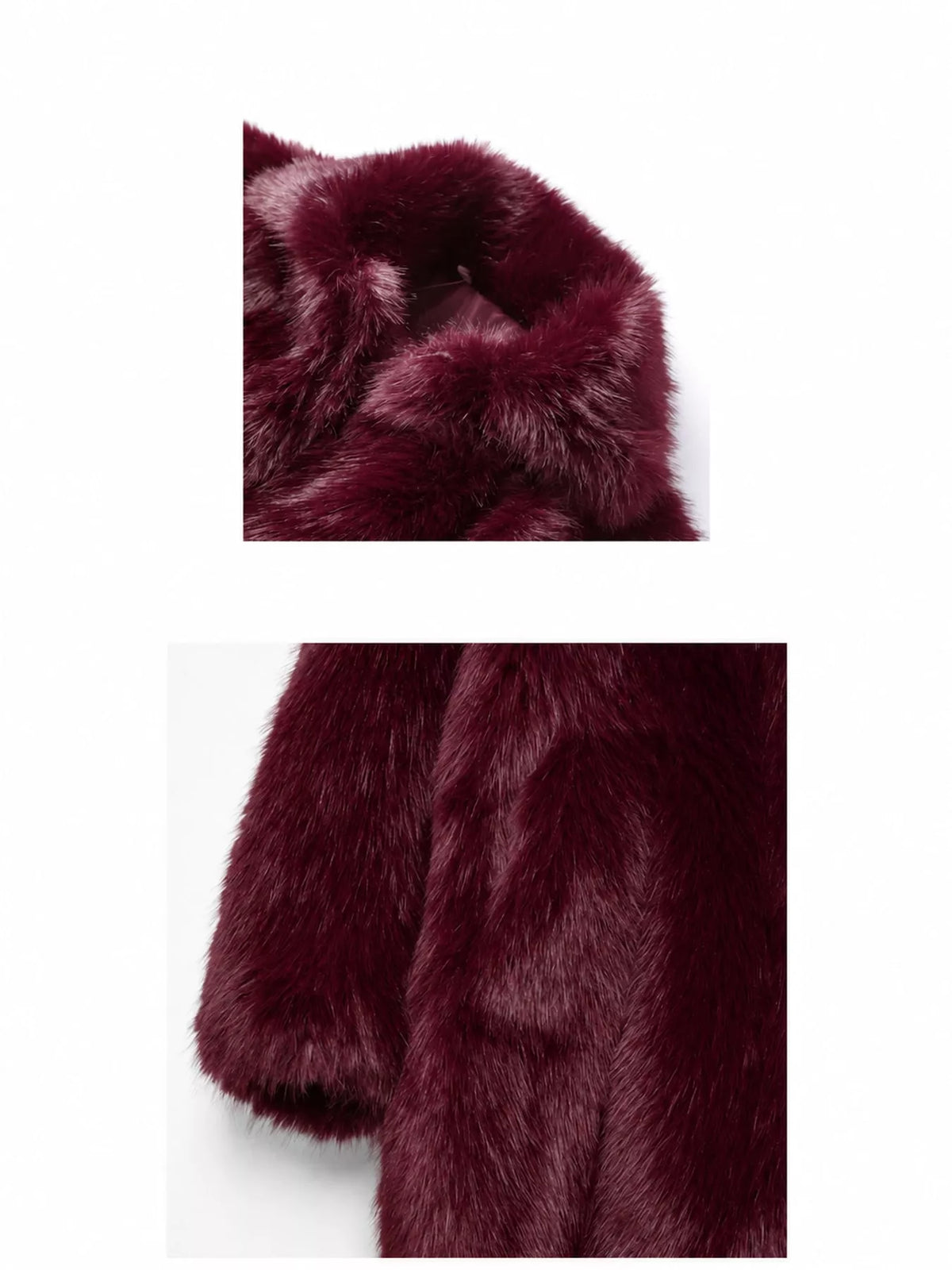 Faux Fur Long Sleeve Coat, detail view in burgundy