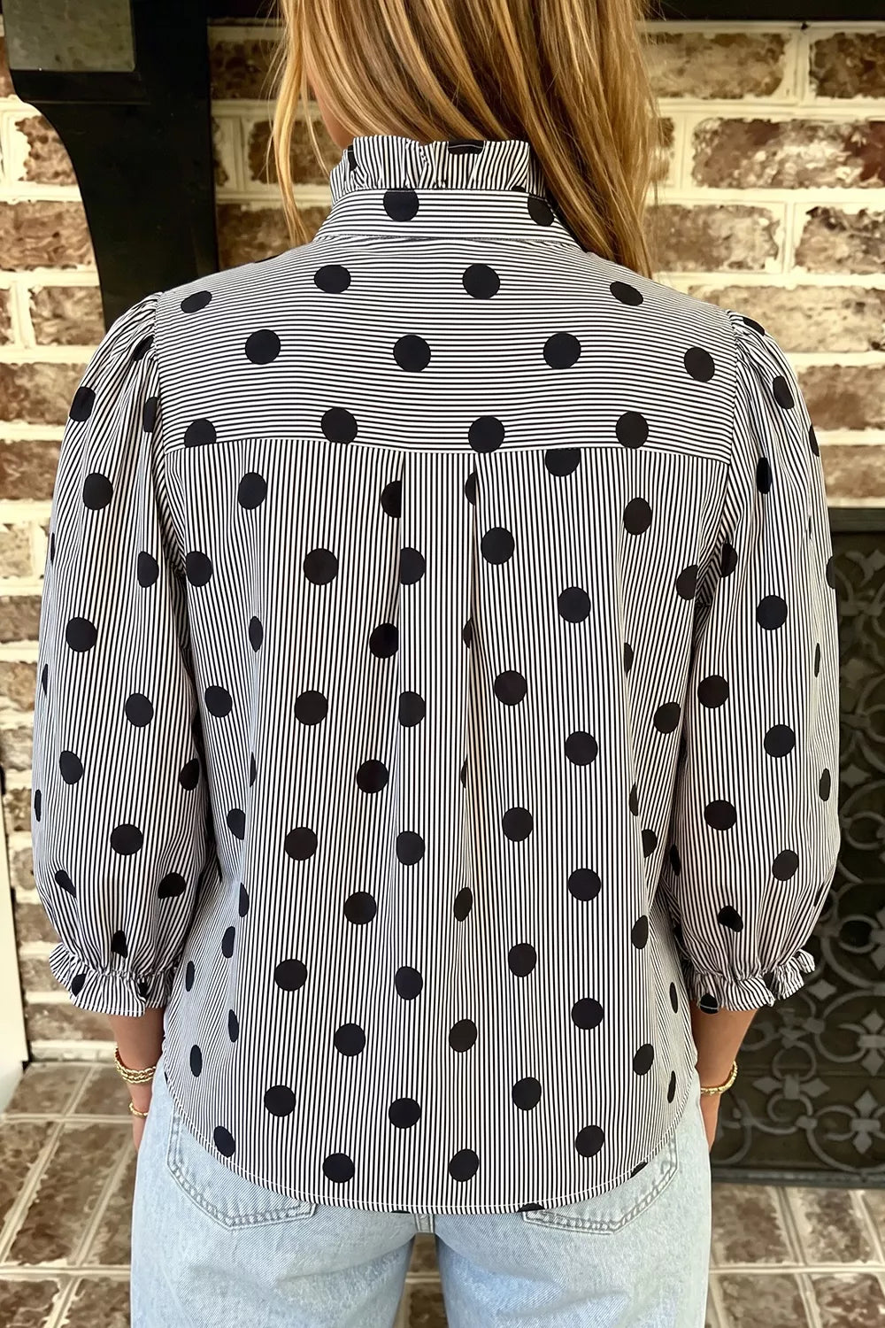Trendsi Polka Dot Ruffled Stand-Collar Shirt -