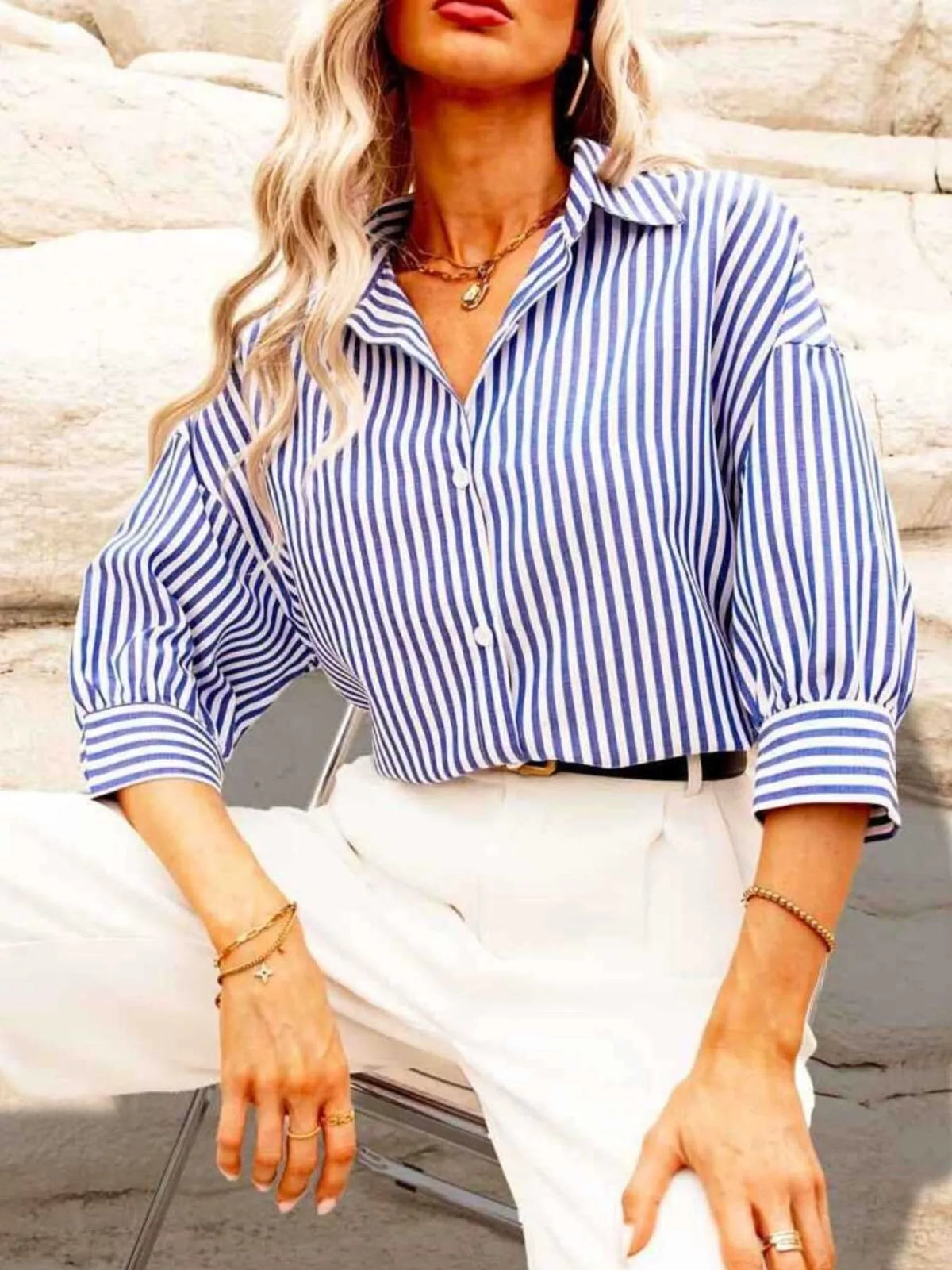 Blue Striped Button-Down Shirt side view