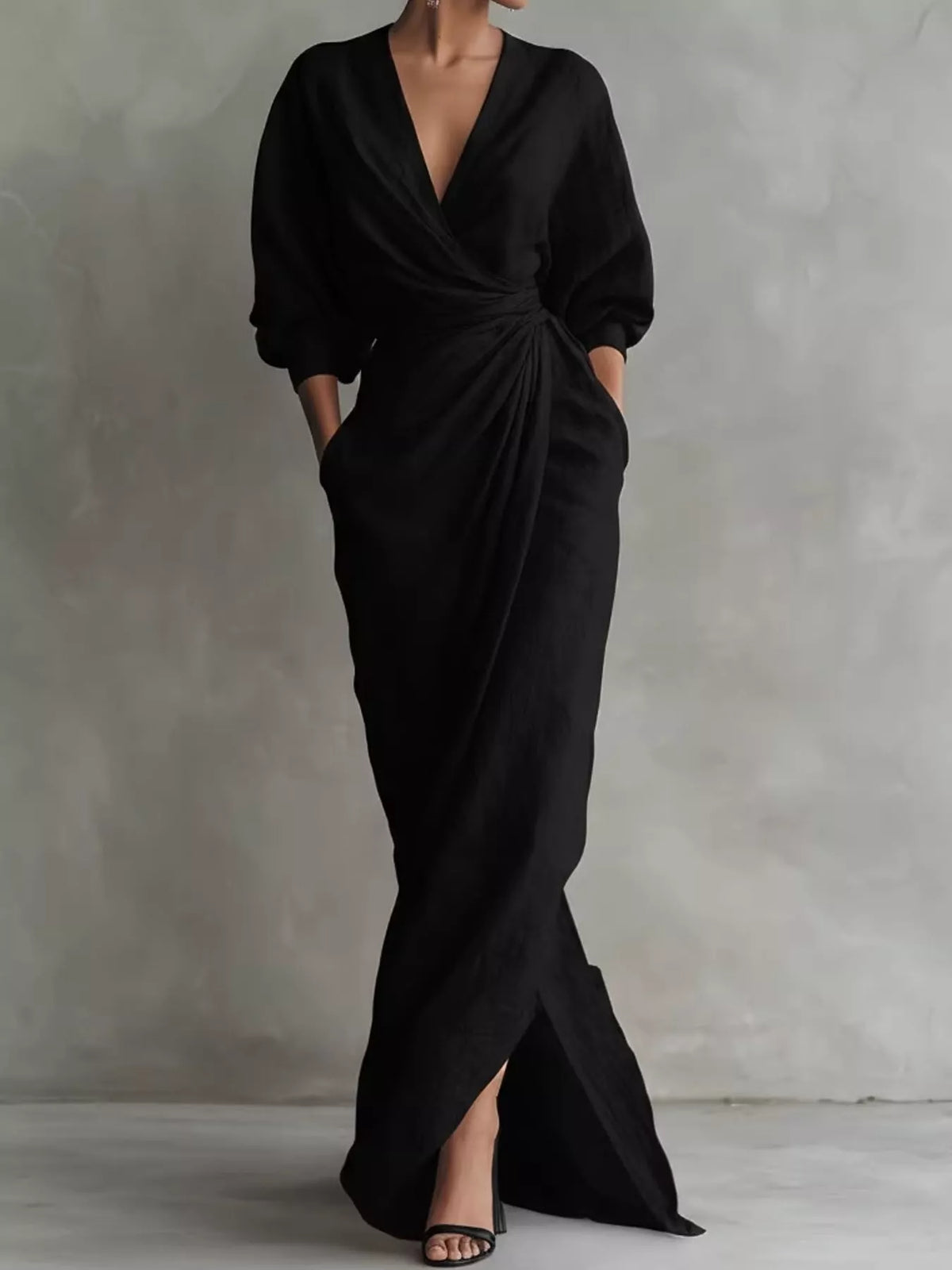 V-neck 3/4 sleeve maxi dress, front view on model