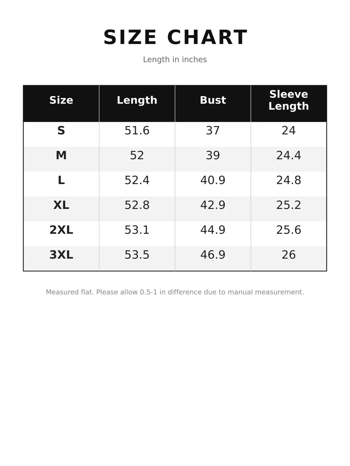 Size and measurement chart for leopard-print long-sleeve coat
