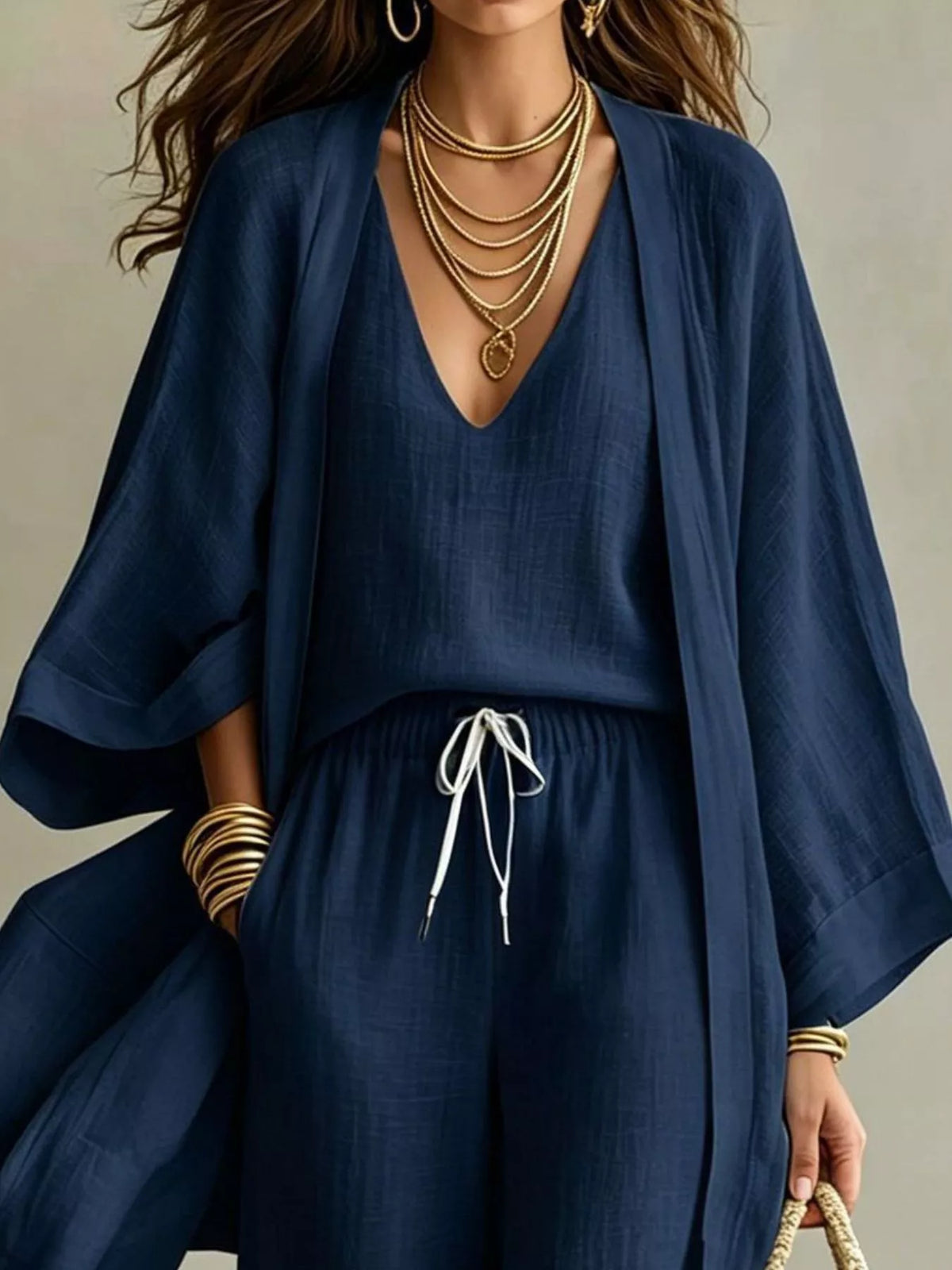 V-Neck Top, Cardigan and Pants Three-Piece Set in navy, front view