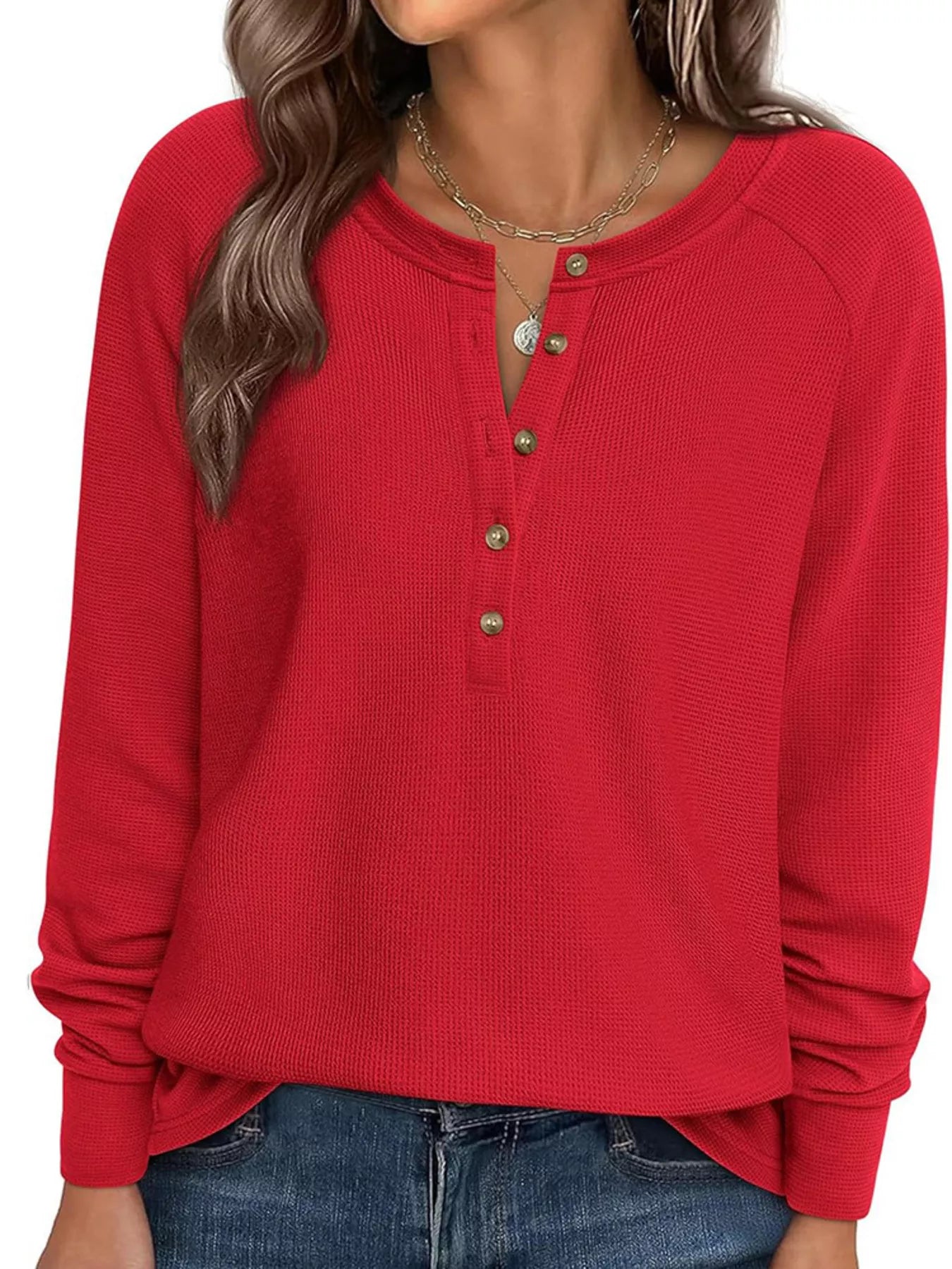 Trendsi Waffle Knit Henley Long Sleeve T-Shirt -