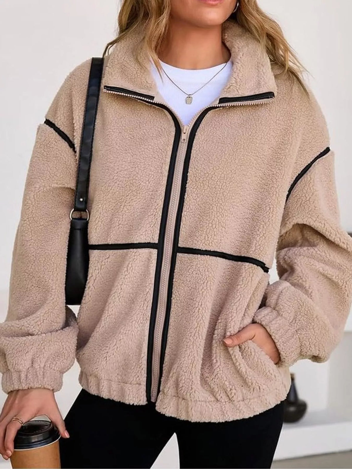 Stand Collar Sherpa Fleece Zip-Up Jacket — front view