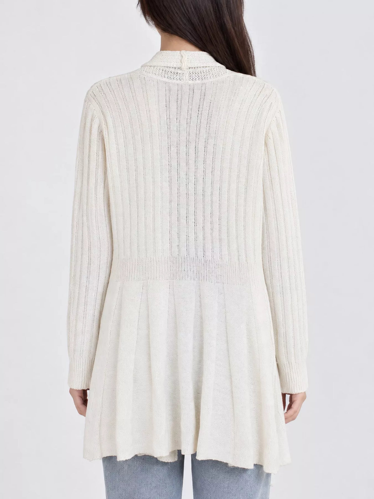 Off White ribbed knit open front flared cardigan, back view