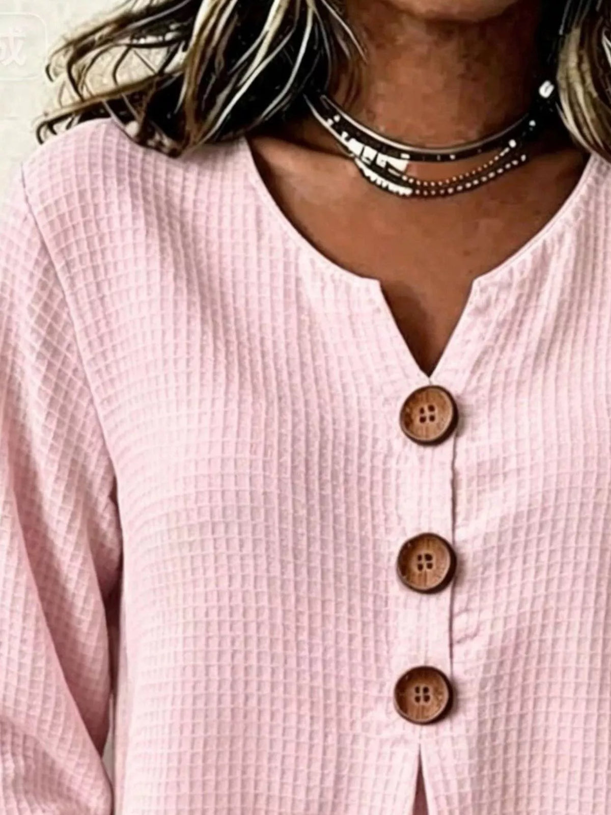 Pink waffle knit blouse, split neckline and buttons