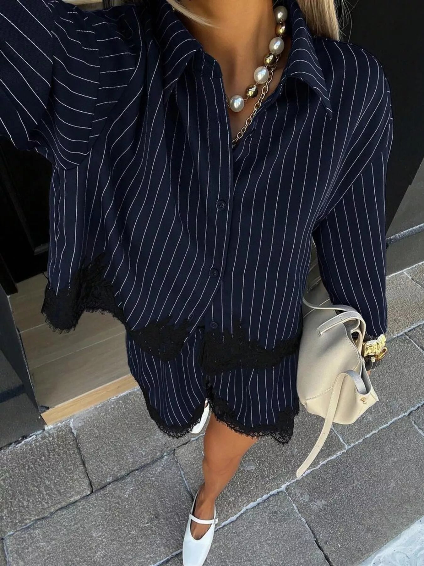 Trendsi Lace Trim Striped Button-Down Shirt and Shorts Set -