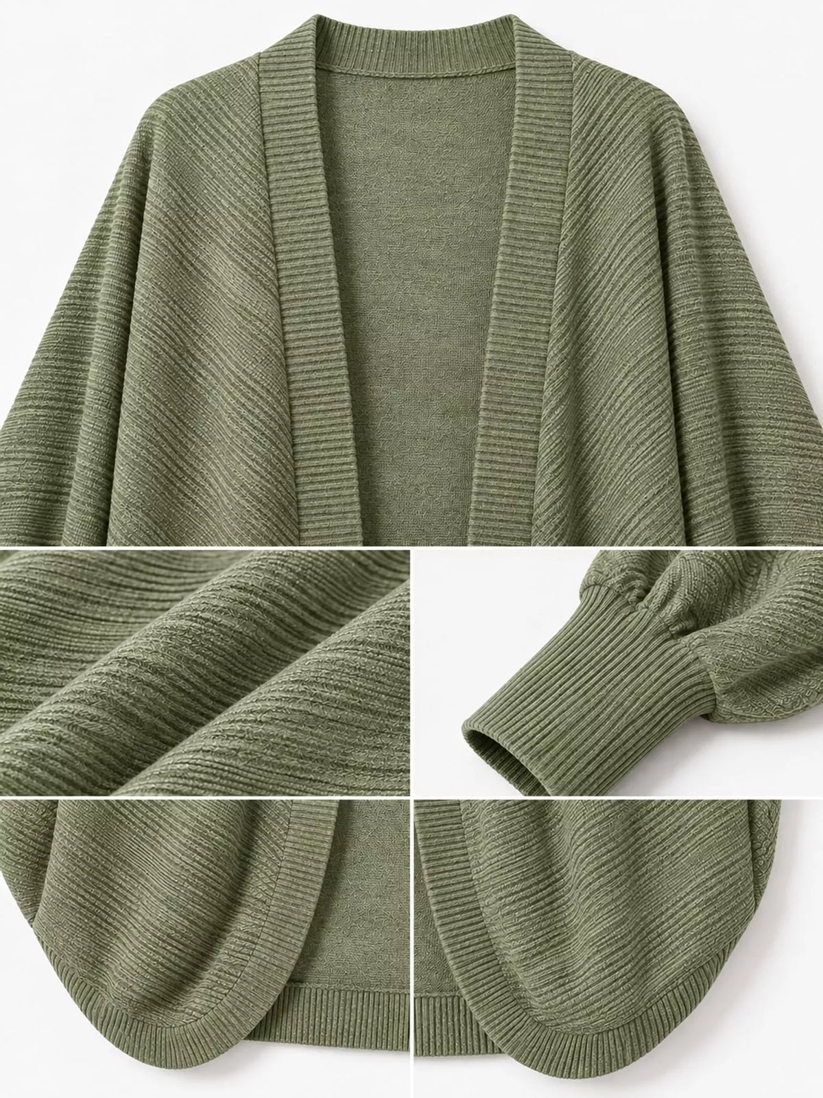 Army Green open-front batwing sleeve cardigan, detail view