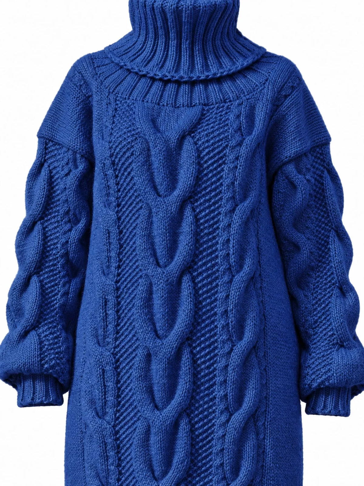Royal Blue oversized cable knit turtleneck sweater dress