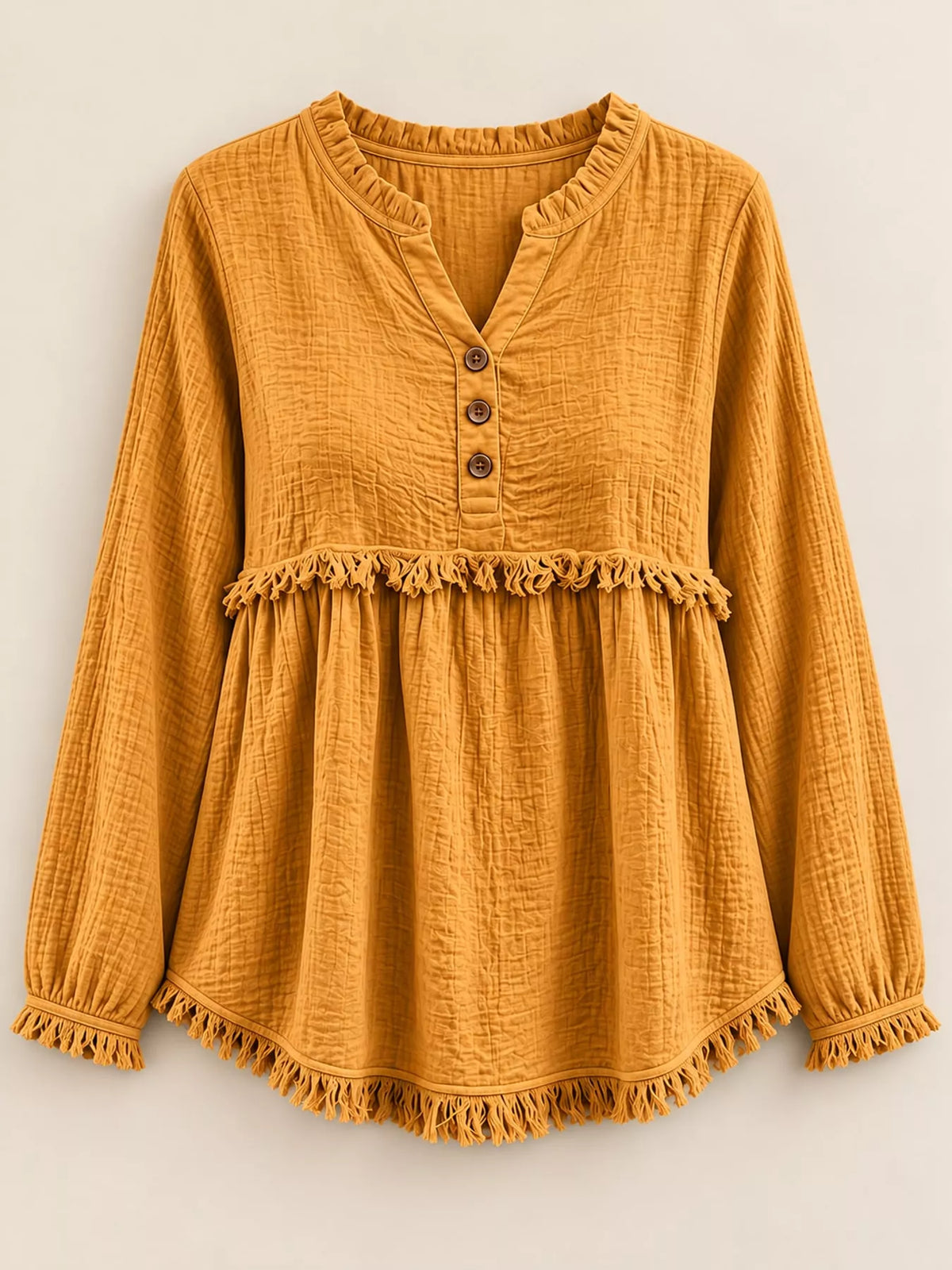 Frayed-hem blouse, mustard flat front