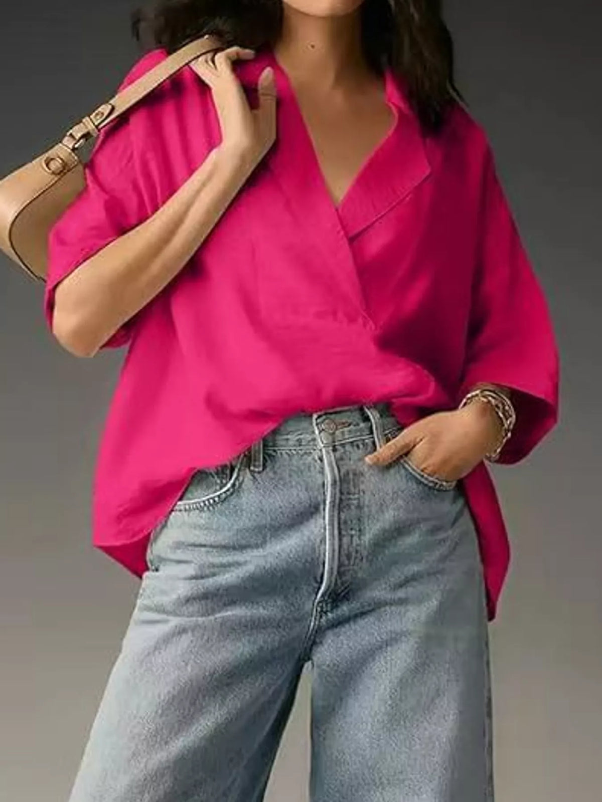 Half-sleeve blouse, pink angled front
