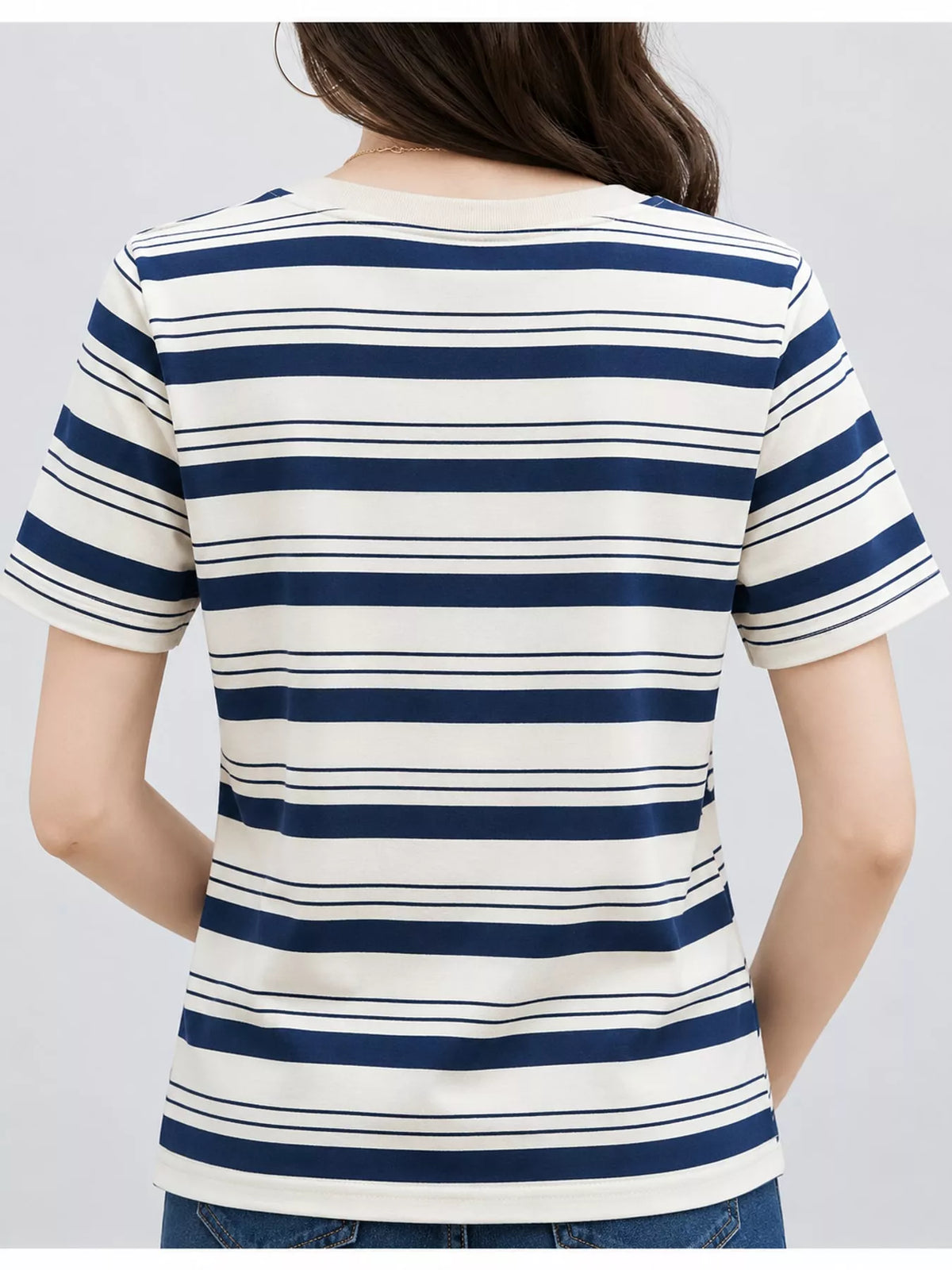 Navy and white striped crew neck embroidered t-shirt, back view
