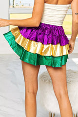 Trendsi BiBi Mardi Gras Color Block Metallic Tiered Skirt -
