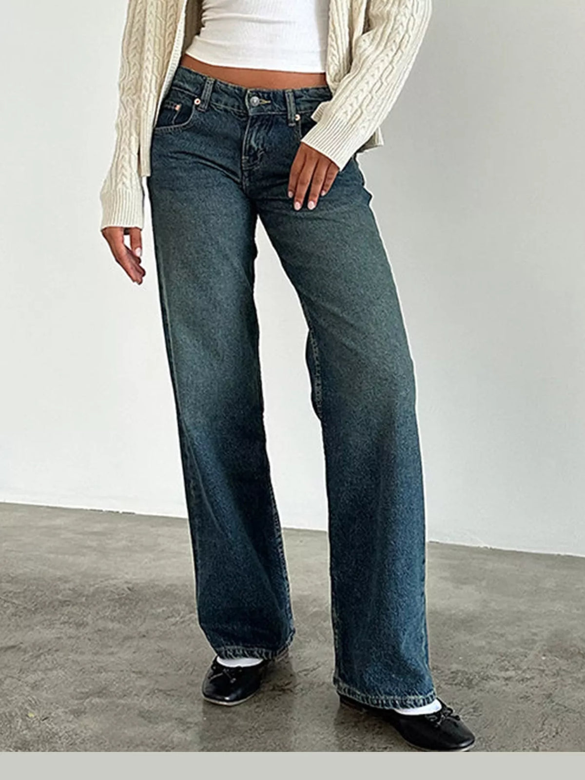 Vintage Wash Low-Rise Wide-Leg Jeans — front view