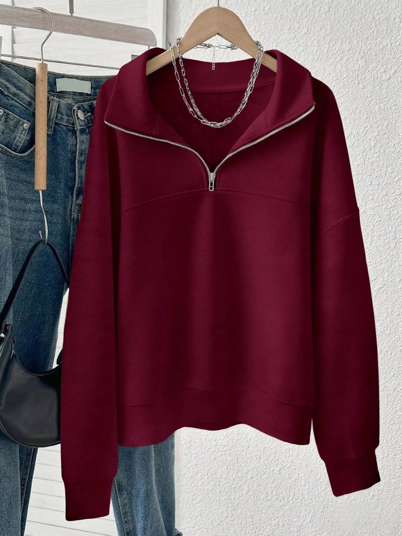 Trendsi Quarter-Zip Dropped Shoulder Sweatshirt -