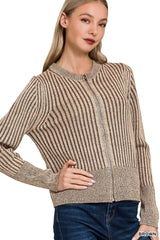 Trendsi Zenana Ribbed Two Tone Zip Up Sweater Cardigan -