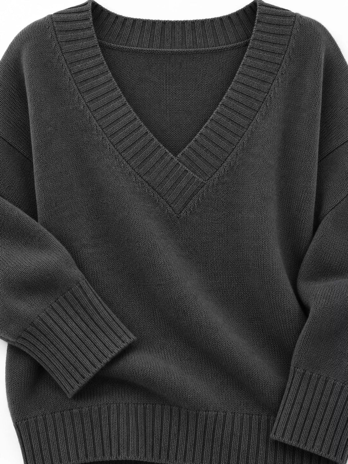 V-neck sweater, dark gray knit detail