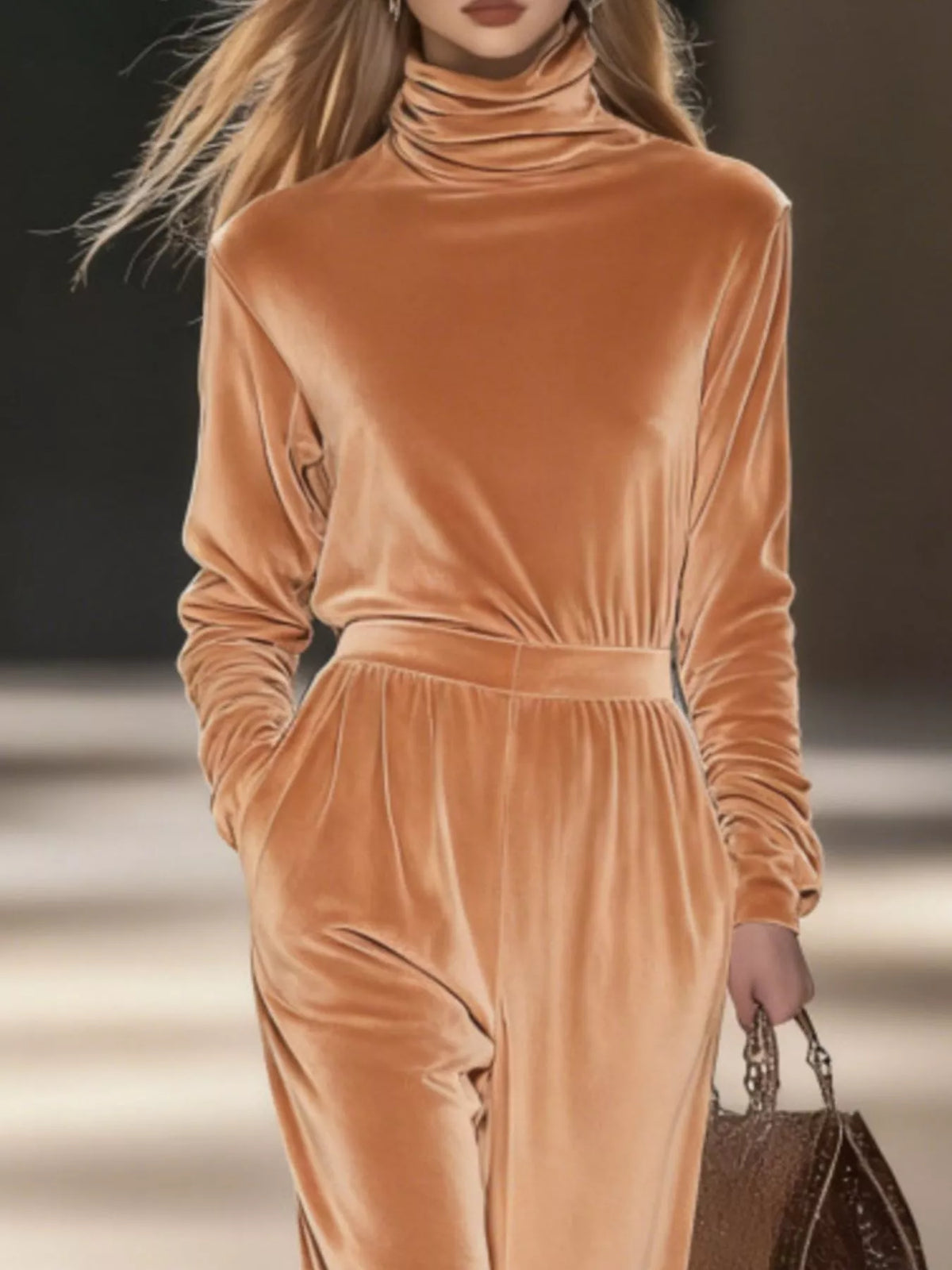 Women's Velvet Turtleneck Long-Sleeve Top & Wide-Leg Pants Set — alternate view 13