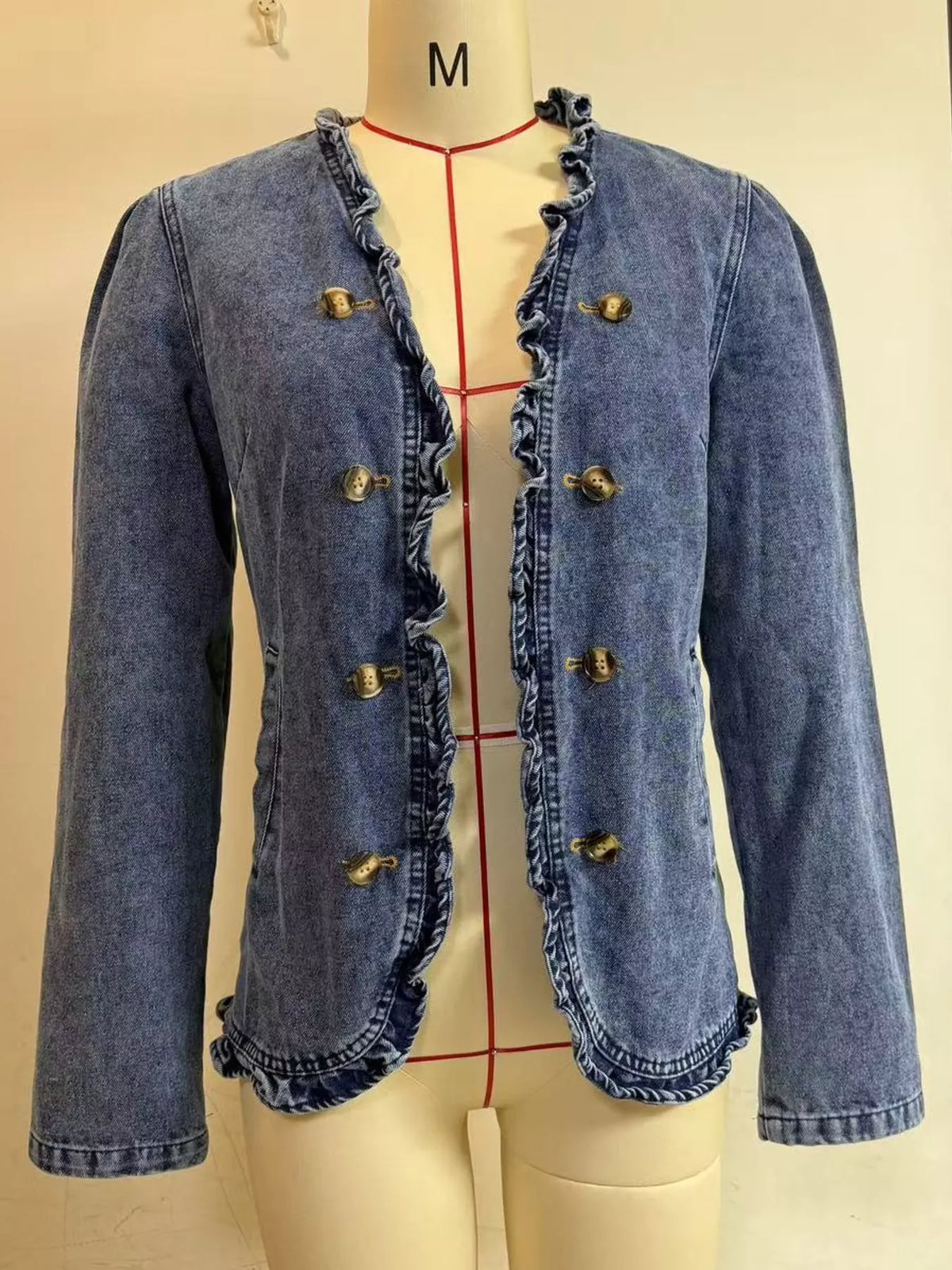 Blue ruffle trim long sleeve denim jacket