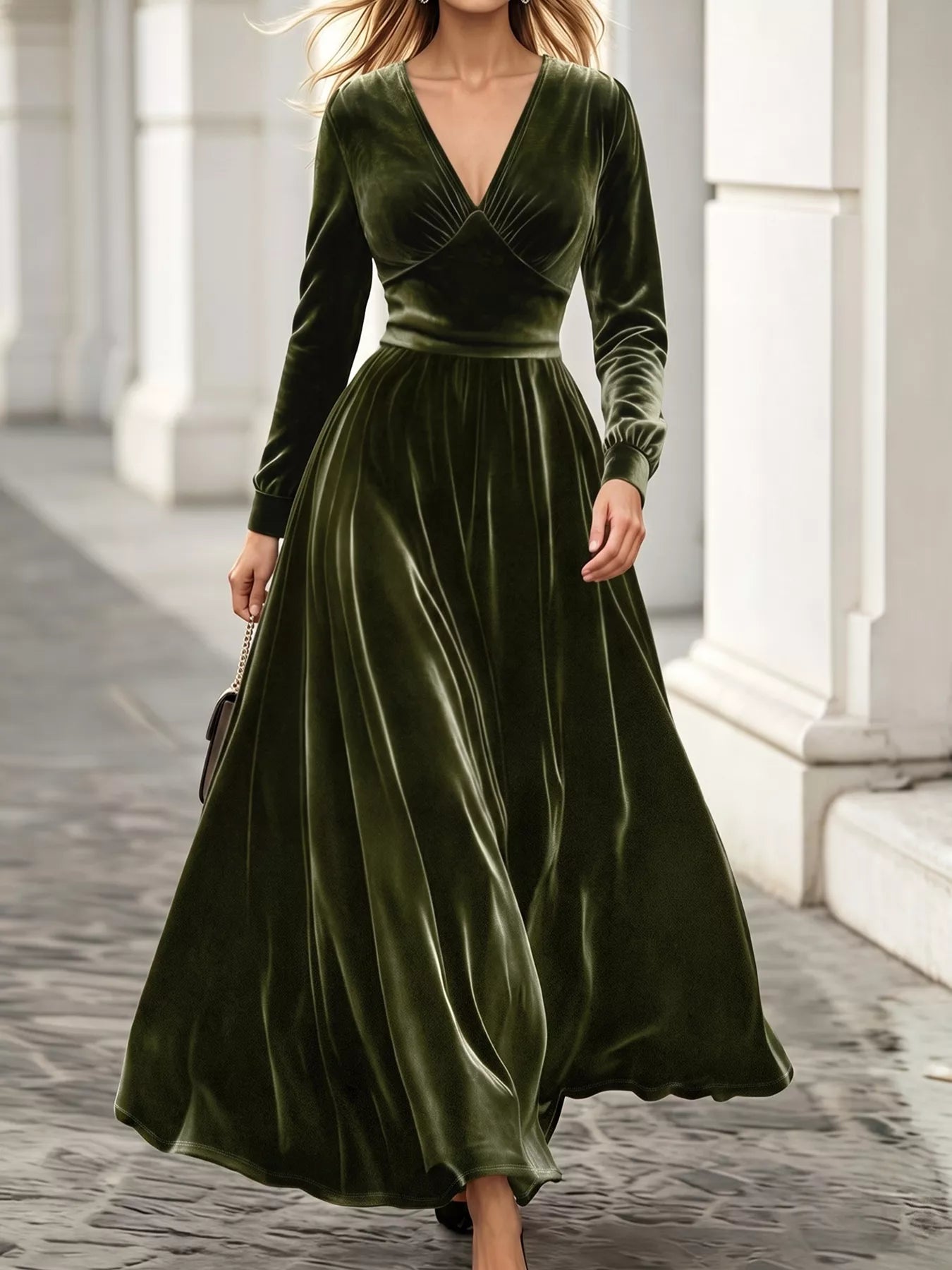 Trendsi Plus Size V-Neck Long Sleeve Velvet Maxi Dress -