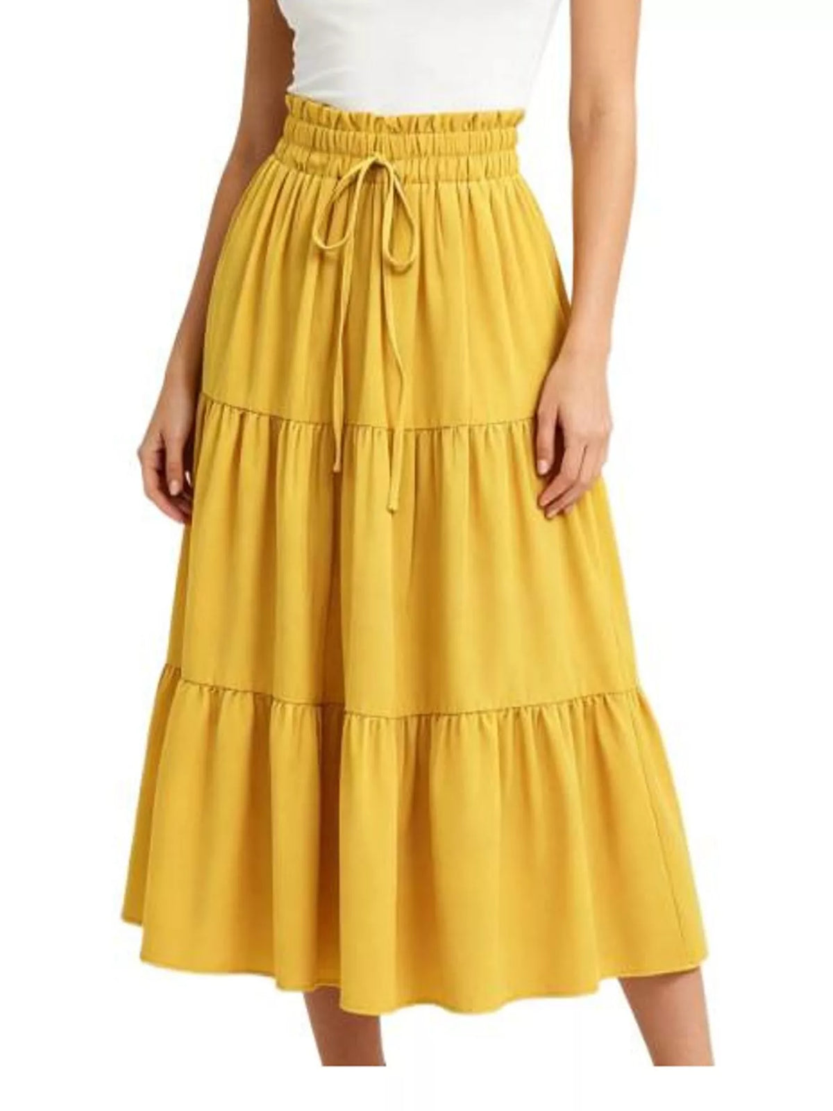 Yellow drawstring tiered skirt — front view