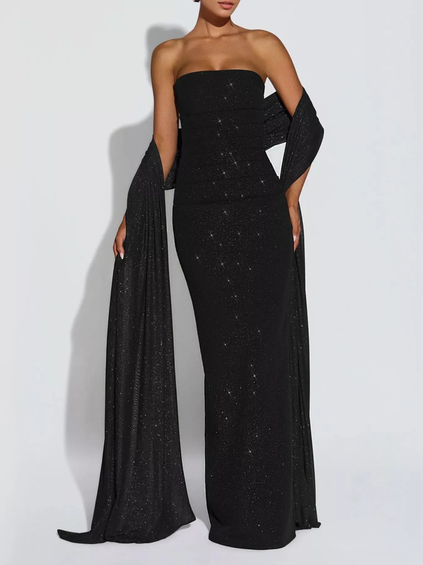 Trendsi Slit Glitter Tube Maxi Dress with Scarf -