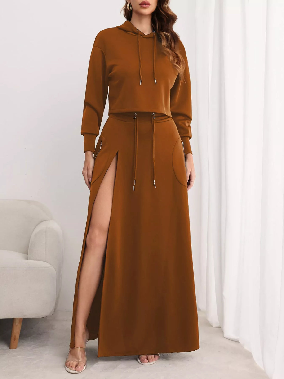 Dark brown hoodie and skirt set