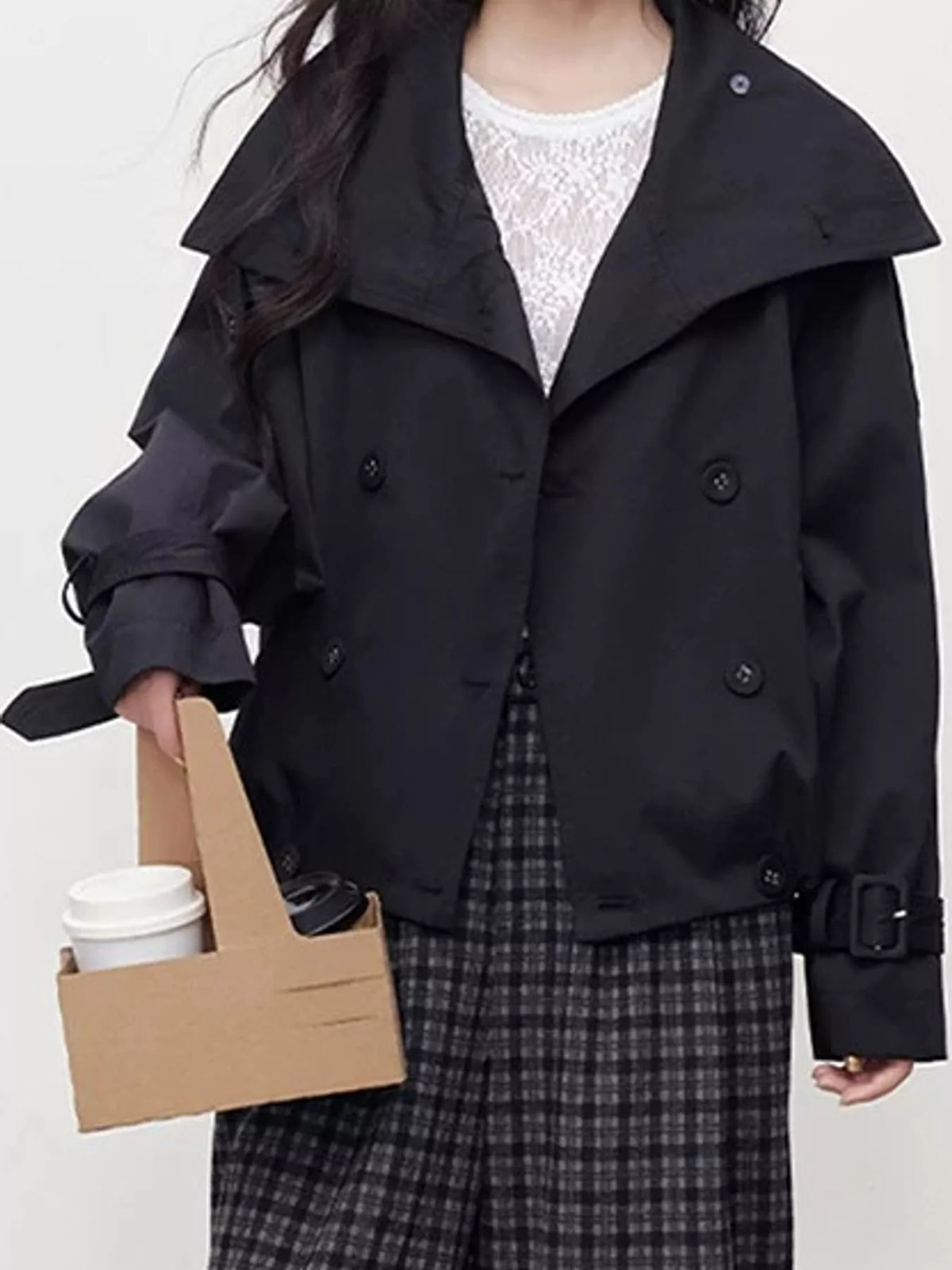 Lapel Double-Breasted Trench Jacket in black-2797