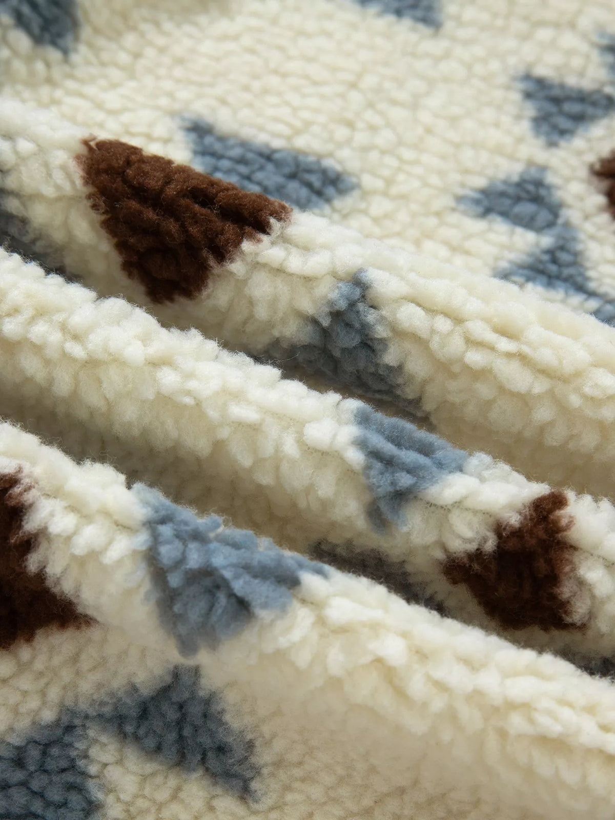 Cream blue and brown geometric print sherpa sweatshirt, sherpa texture detail
