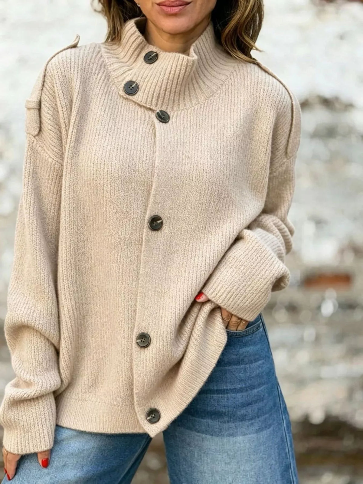 Button-Up Mock Neck Cardigan in beige, front view