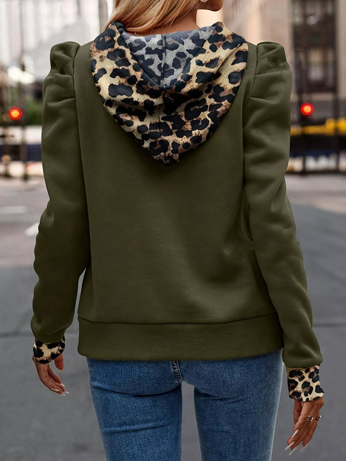 Trendsi Drawstring Leopard Puff Sleeve Hoodie -