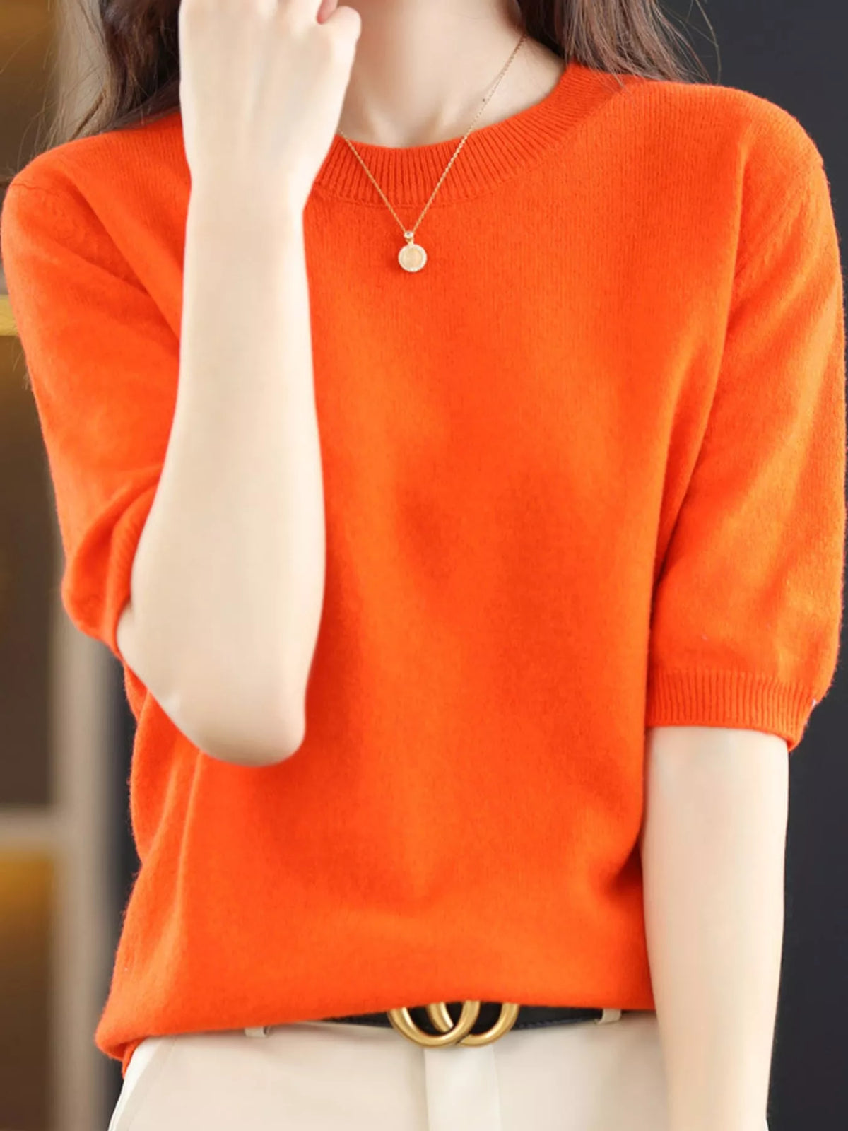 Bright Orange round neck short-sleeve sweater