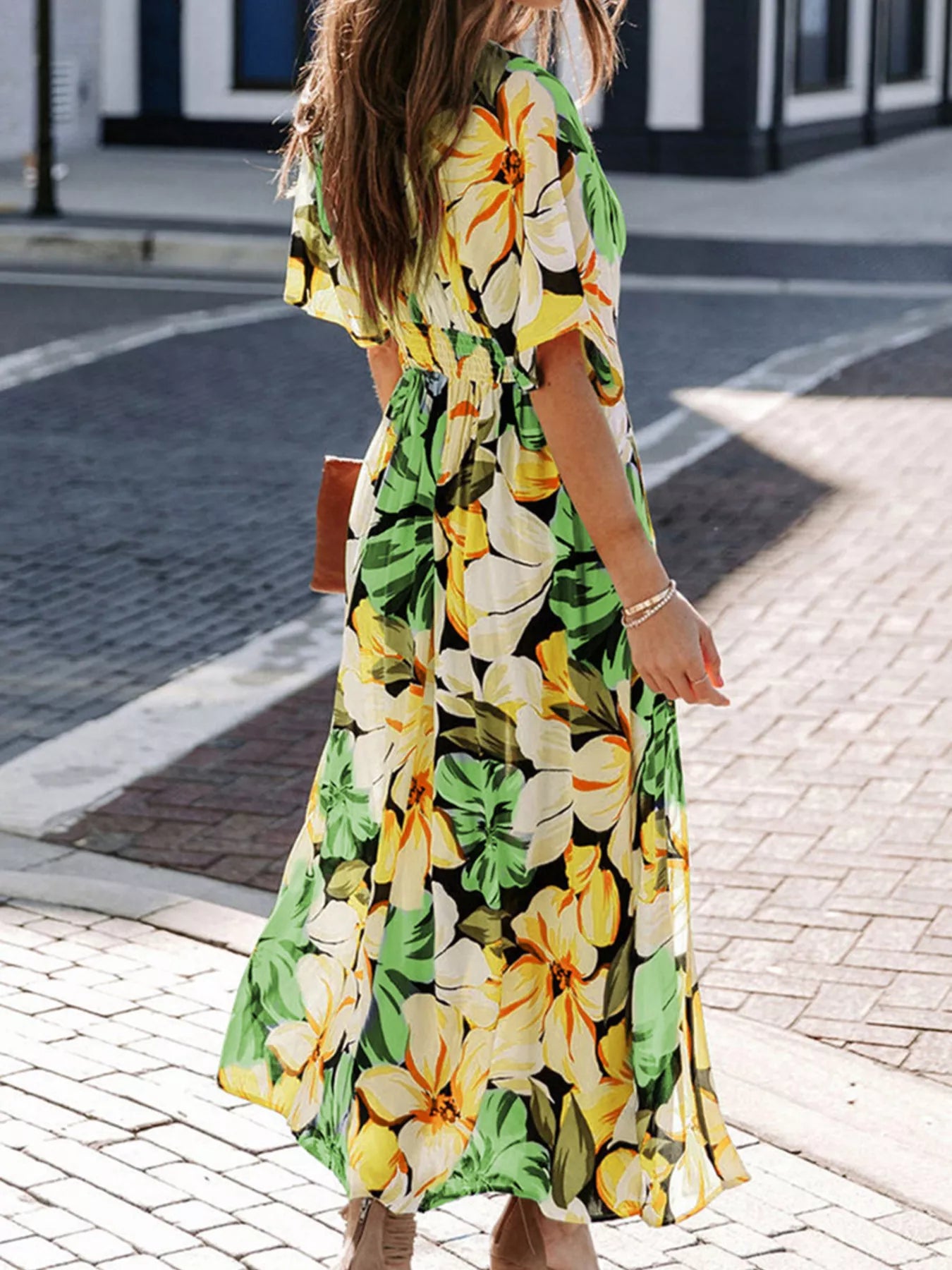 Trendsi Floral Print V-Neck High Slit Maxi Dress -