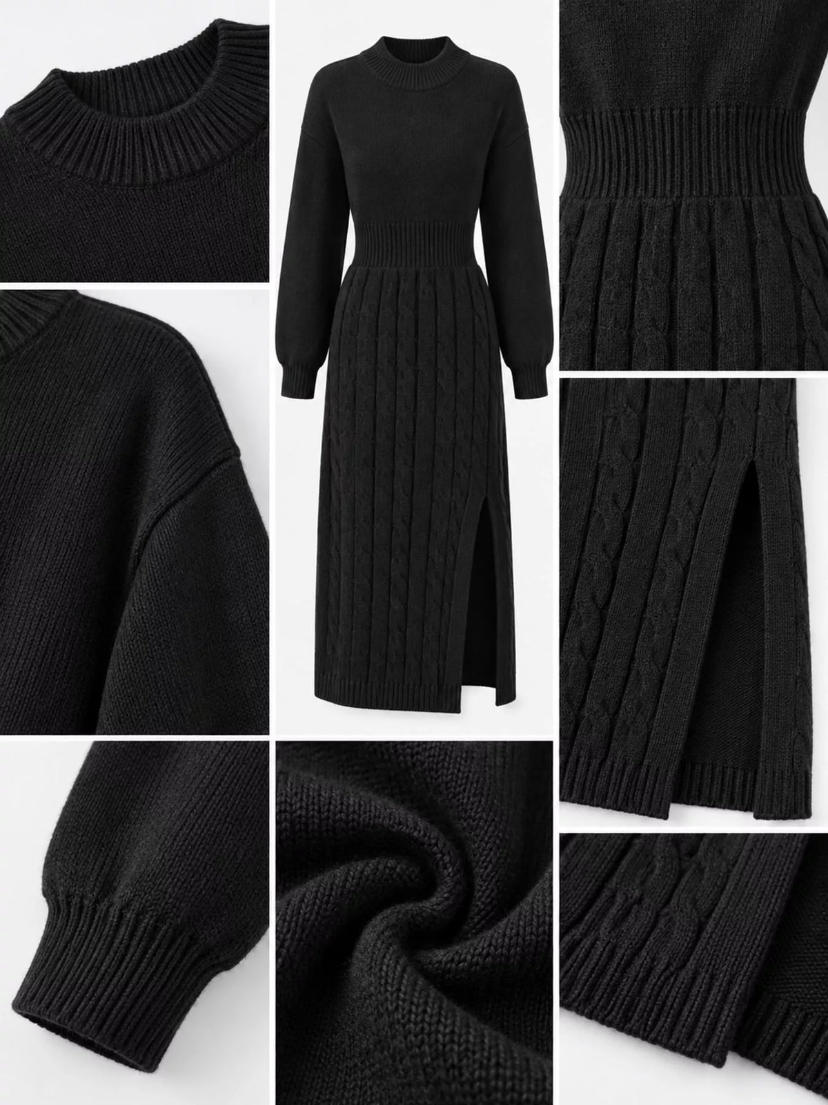 Women's Mock Neck Cable Knit Sweater Dress with Front Slit in black — detail collage view