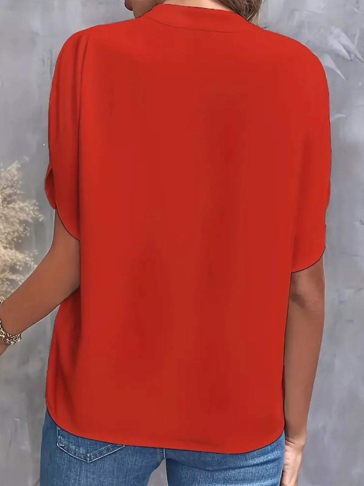 Women's Notched Slit Short Sleeve Blouse in red — back view