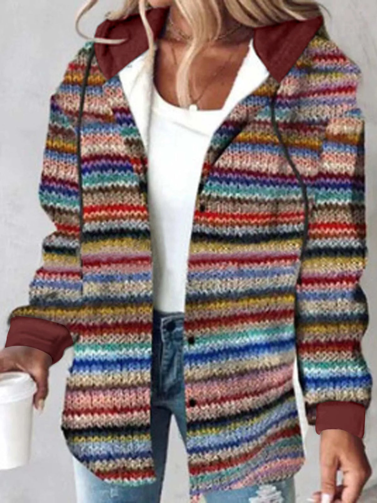 Button-Down Printed Contrast Hooded Shacket — front view