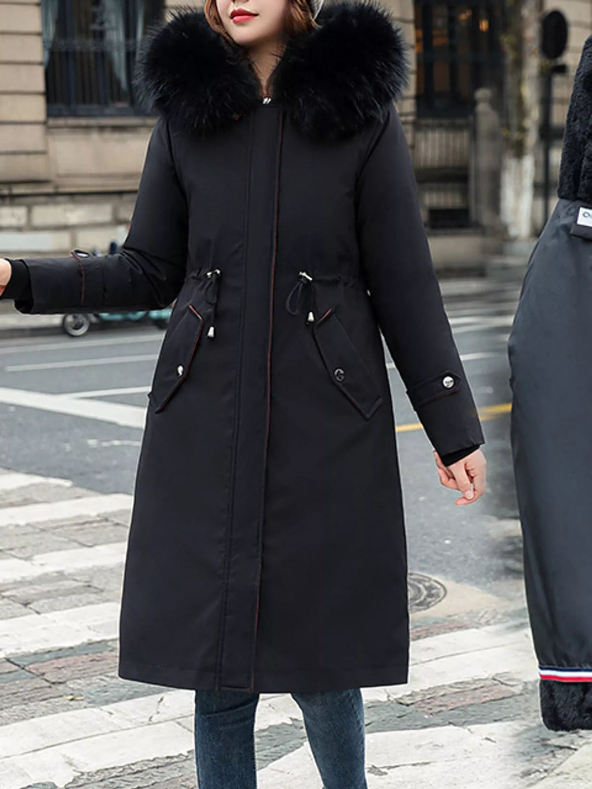 Faux-fur-trim parka, black zipped front