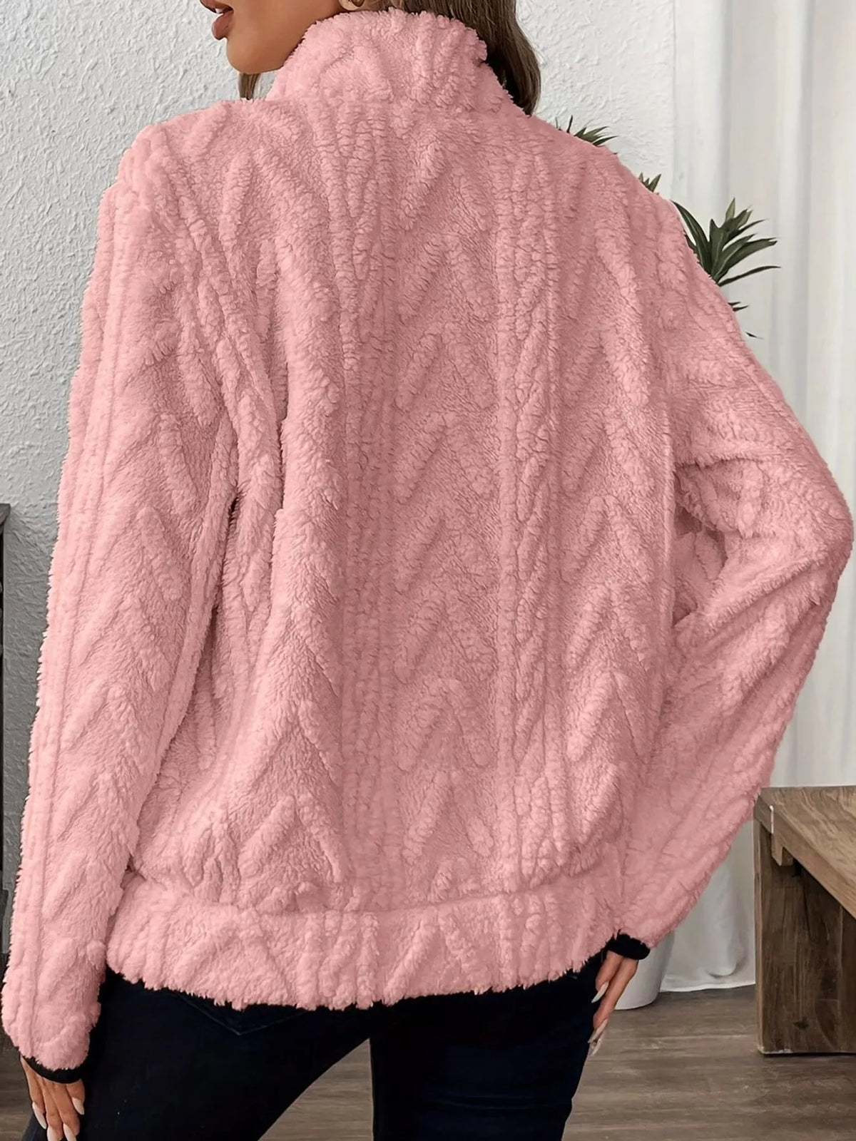 Women's Quarter-Zip Sherpa Sweatshirt in pink — back view
