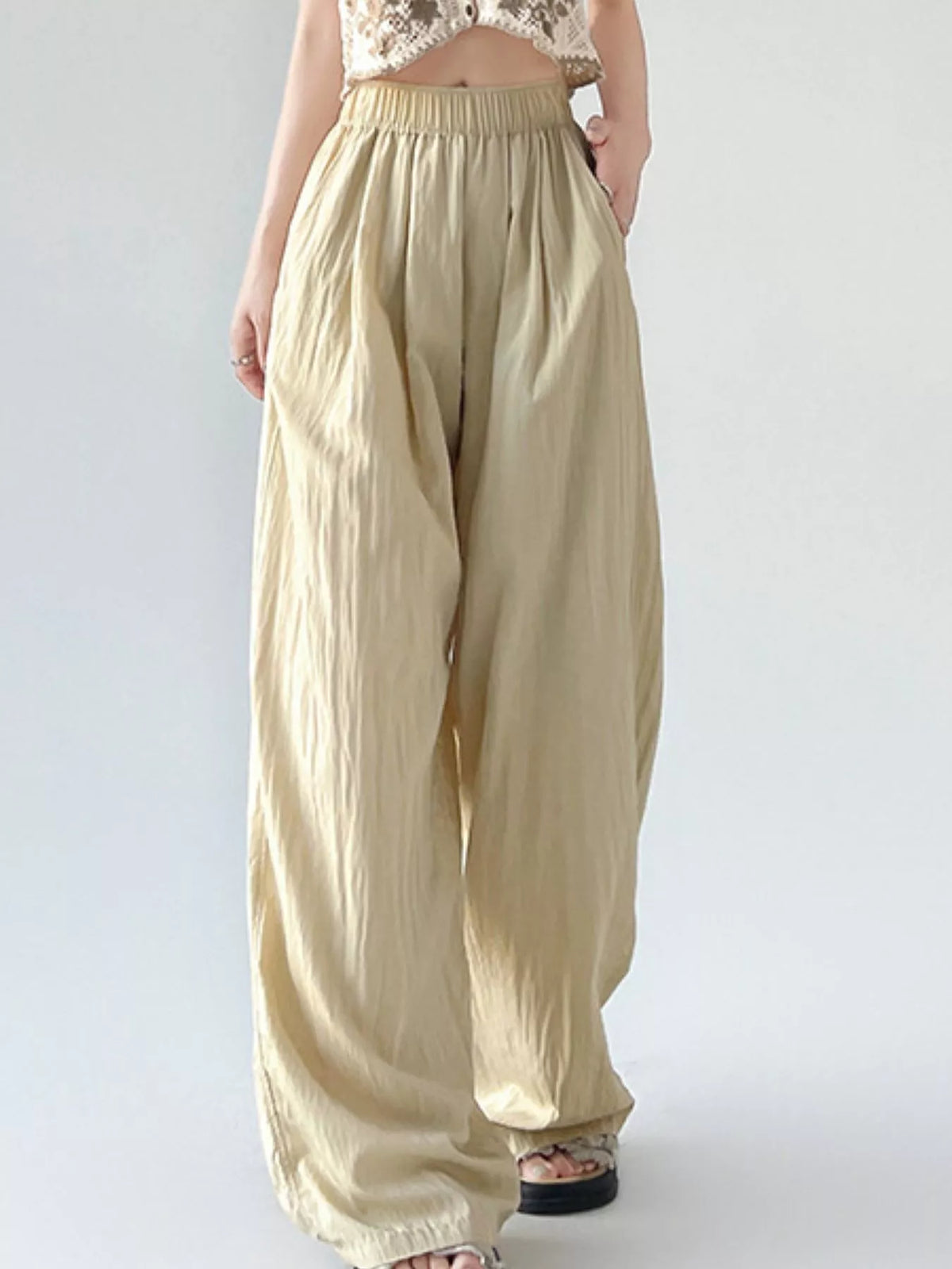 Women's High-Waisted Loose Fit Wide-Leg Casual Pants in beige — front view