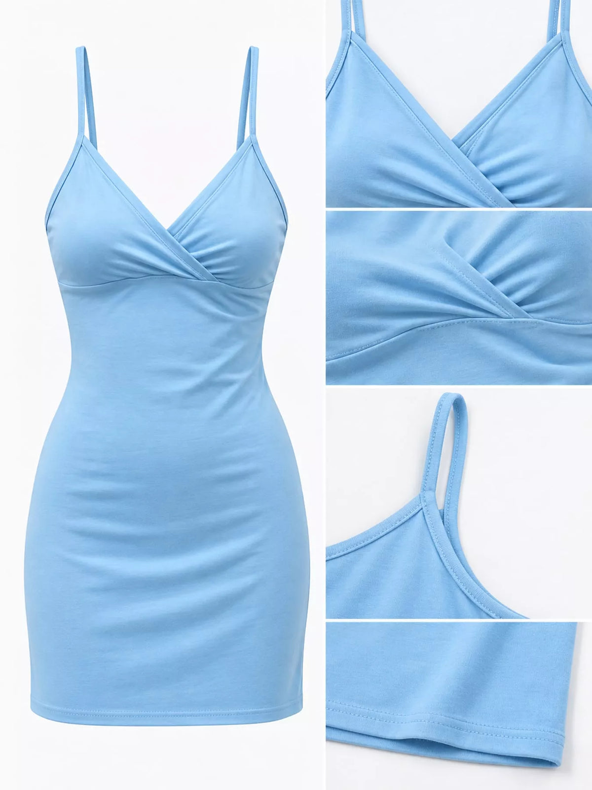 Women's Spaghetti Strap Mini Dress in light blue — detail collage view