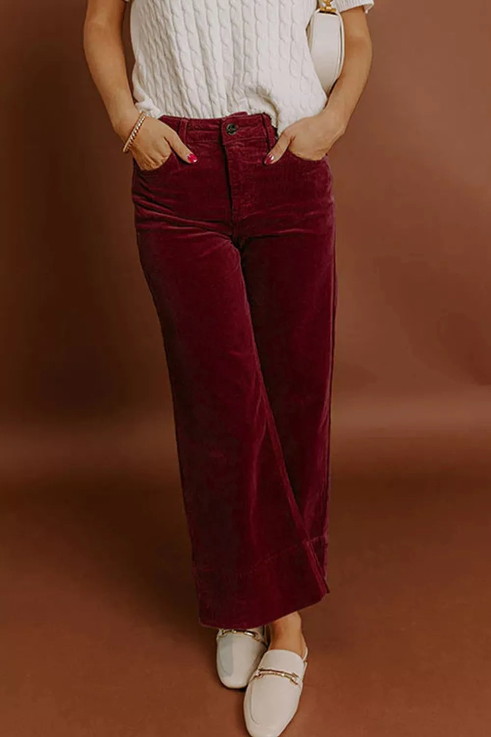 Trendsi Corduroy Solid Color High Waist Wide Leg Pants -