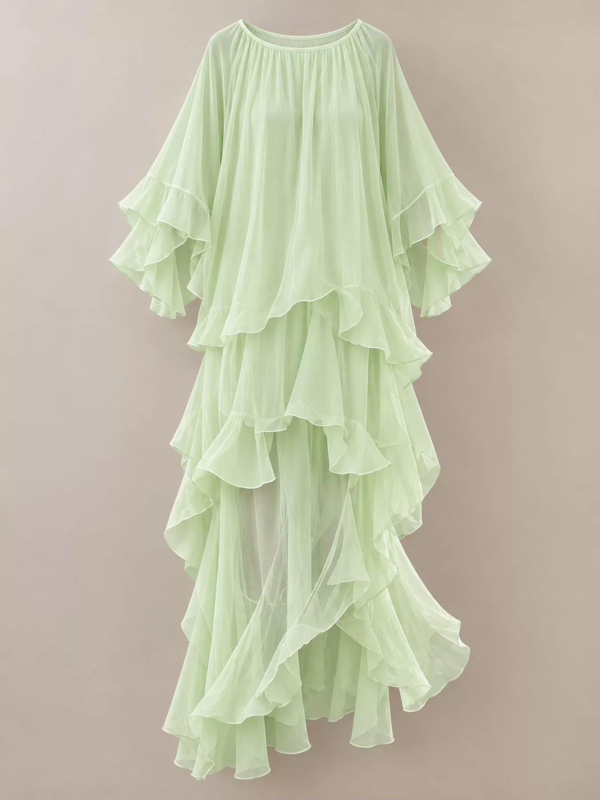 Pale green ruffled layered bohemian maxi dress, front view
