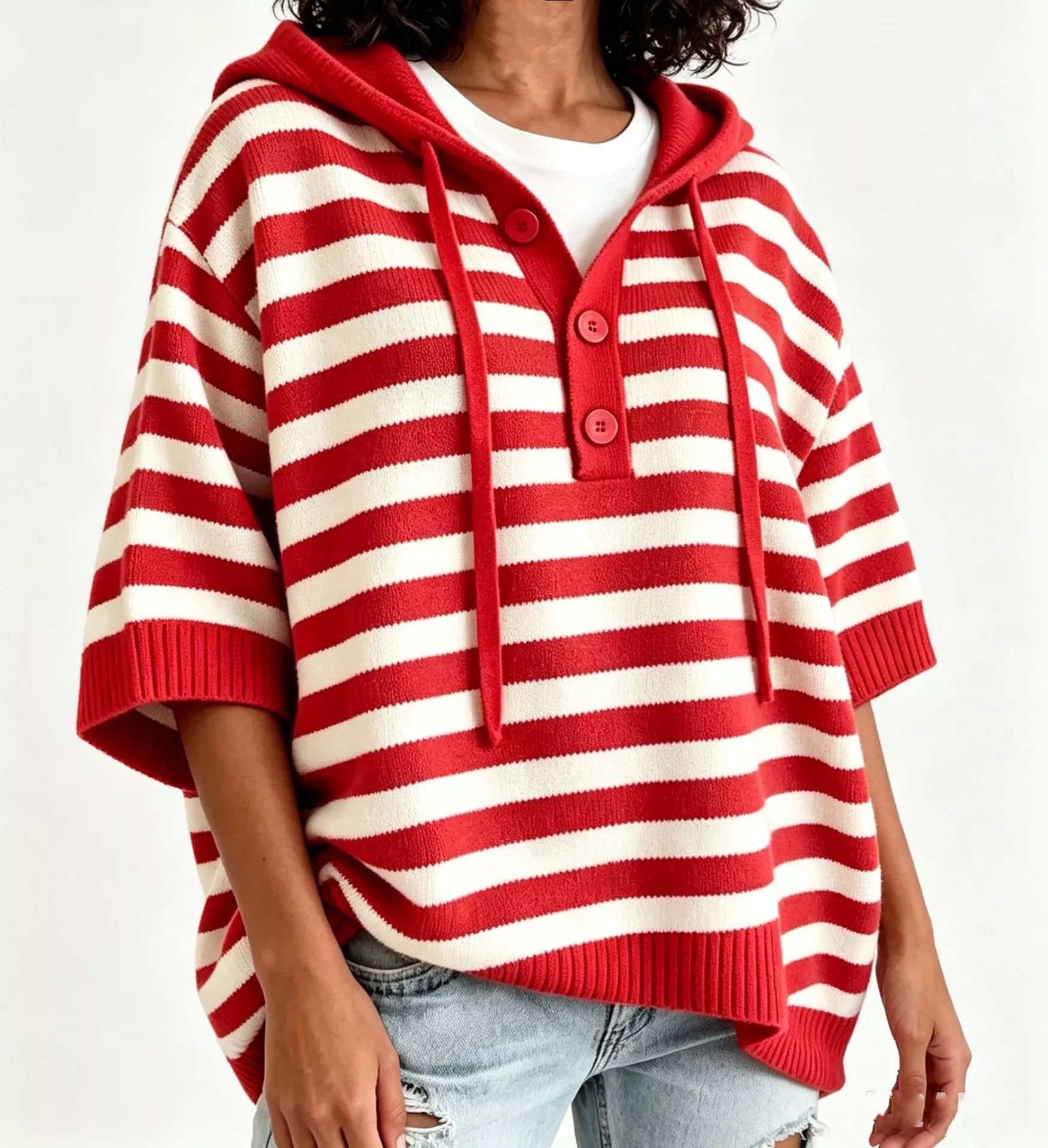 Trendsi Striped Hooded Sweater with Button Detail -